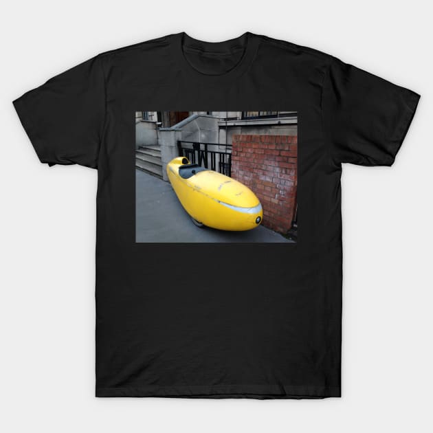 Eco-Adventure Vibes: Yellow Velomobile in London Streets T-Shirt by HFGJewels